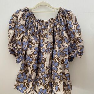 Floral Puff Sleeve Top - Blue and Brown